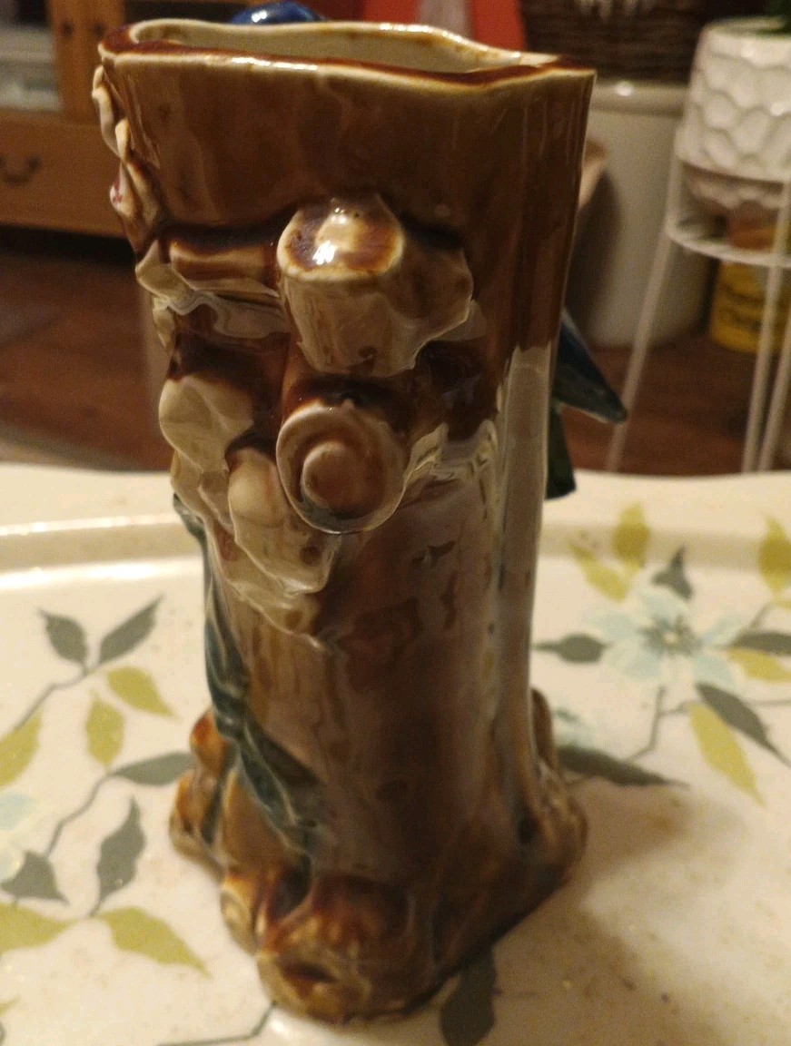 Vintage Japanese Figural Bird Flowering Tree Branch Large Majolica Pottery Vase