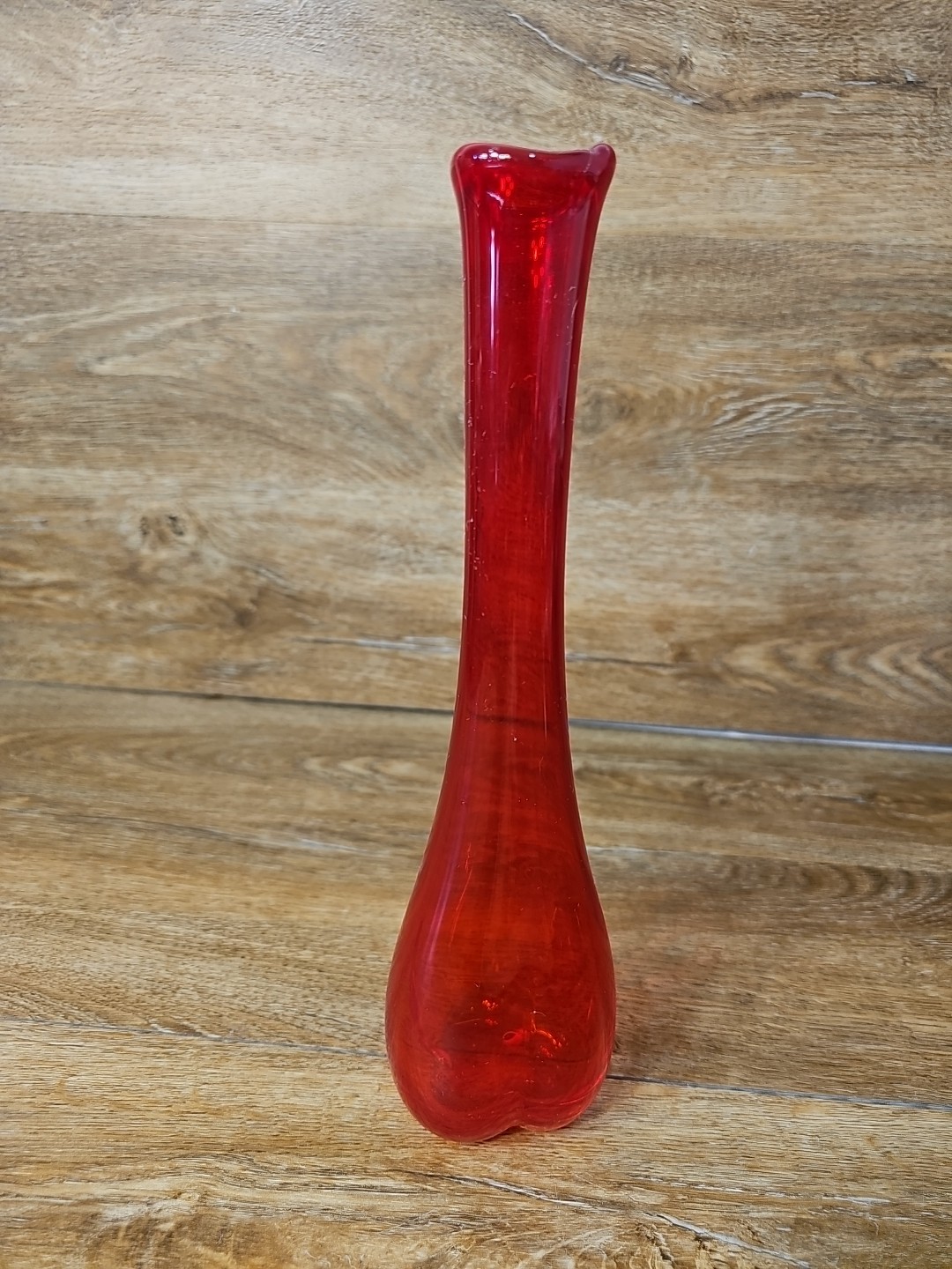 Vintage MCM Retro 1960s Art Glass RED Swung Flower Bud Vase Hand Blown 11.5″