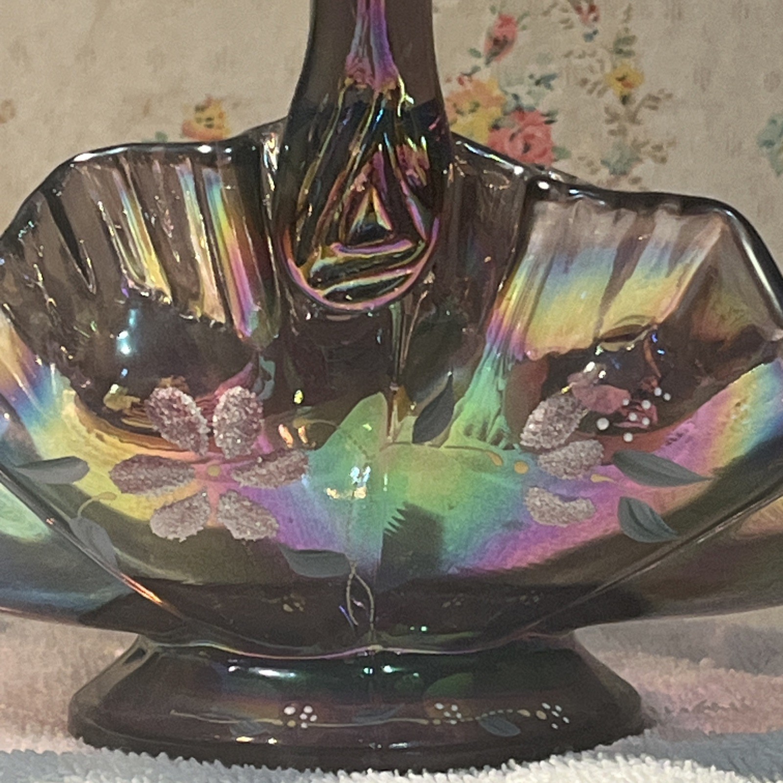 Fenton Amethyst Carnival Glass Ruffled Basket – Signed Bill Fenton & D. Erdman –