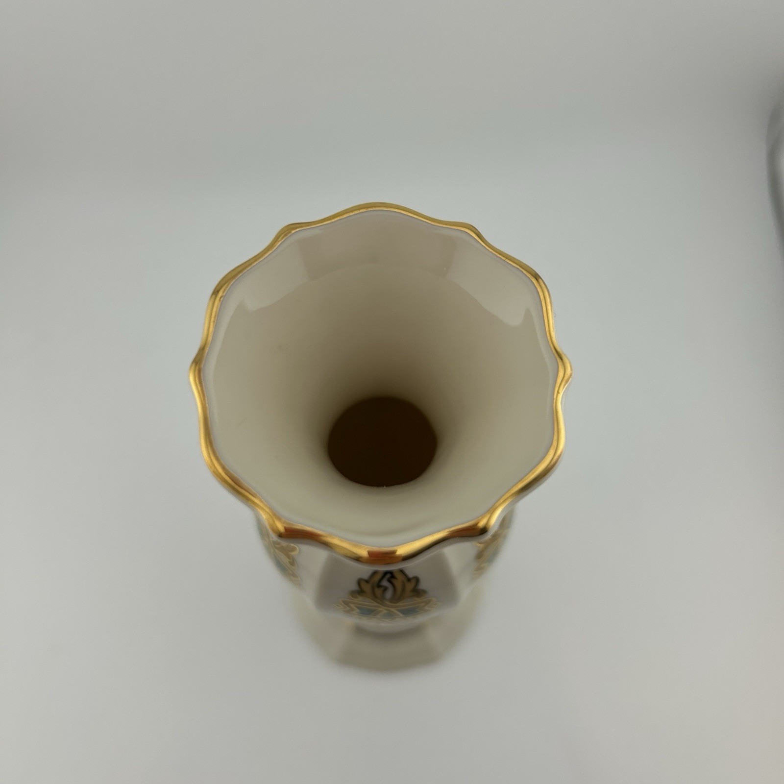 Lenox Catalan 8” Bud Vase Ivory Porcelain Gold Teal Trim Classic USA NEW W/BOX
