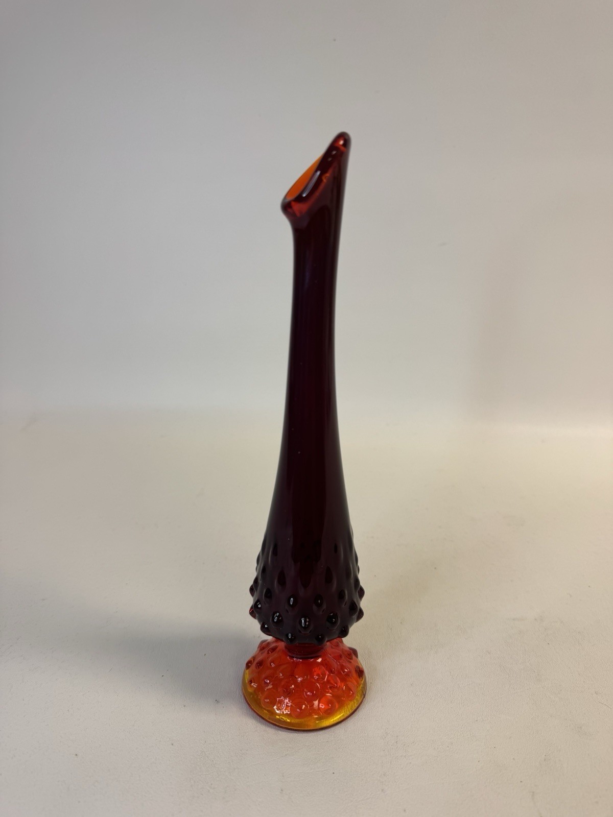 Vintage 70s FENTON 10″ Glowy Amberina Red & Yellow Hobnail Print Swung Bud Vase