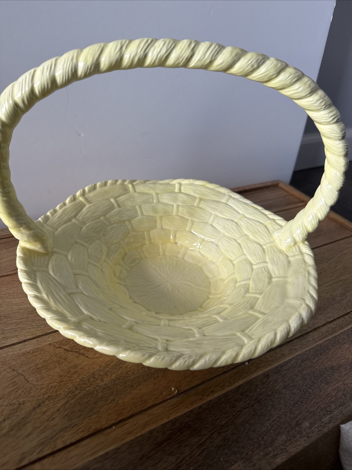Yellow Ceramic Basketweave Decorative Basket with Handle
