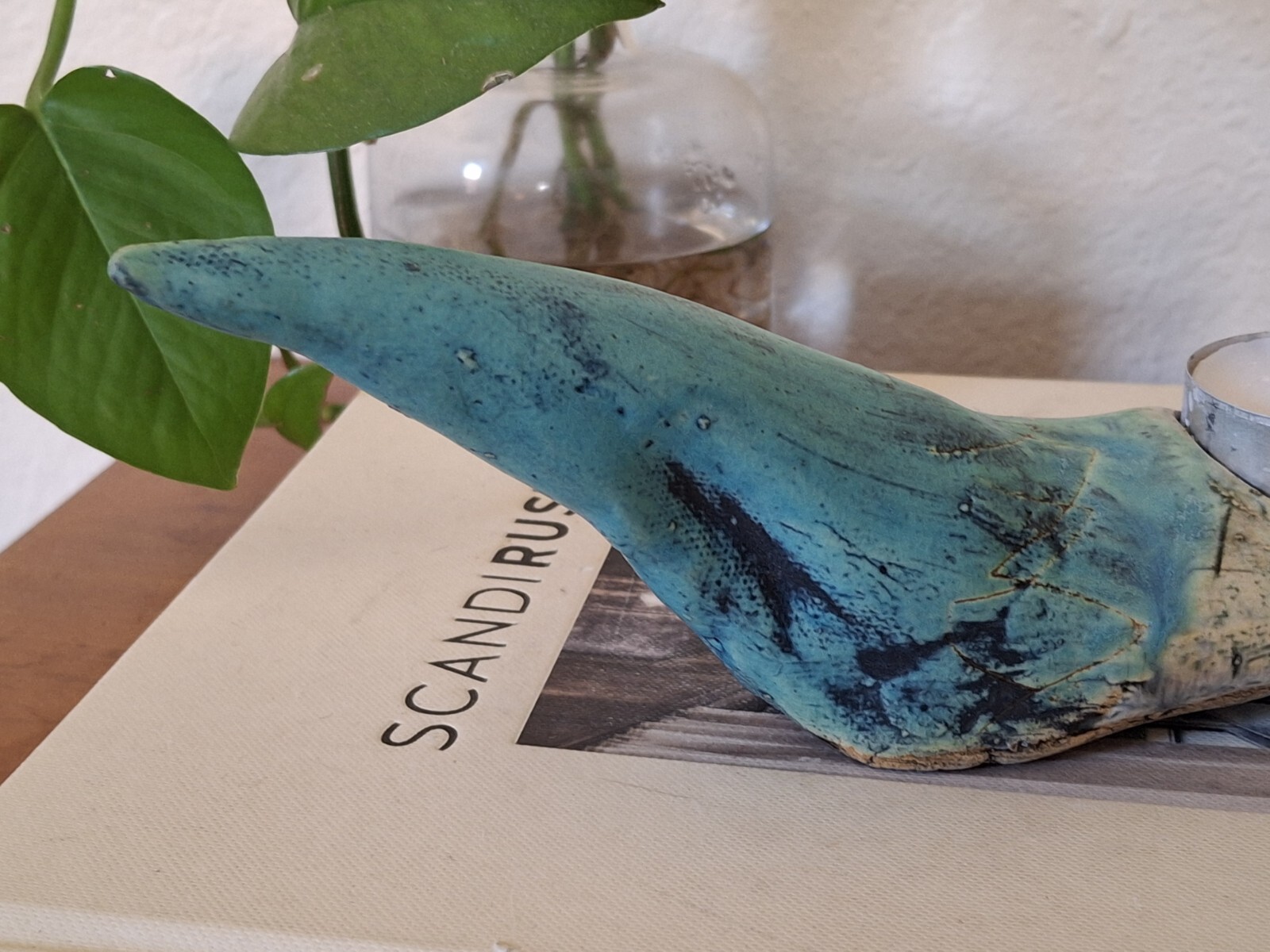 Raku Pottery Abstract Bird Votive Holder Incense Burner Handmade Blue 2014