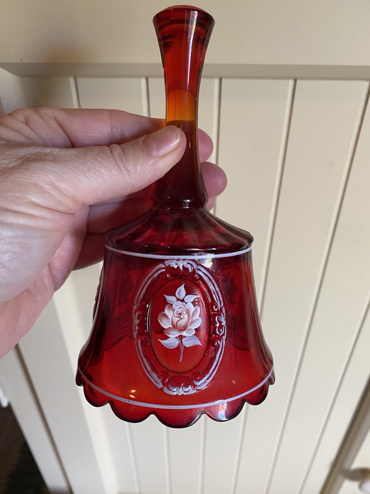Westmoreland Bell Floral Rose Ruby Red Orange 1980 Hand Painted Cameo Marked