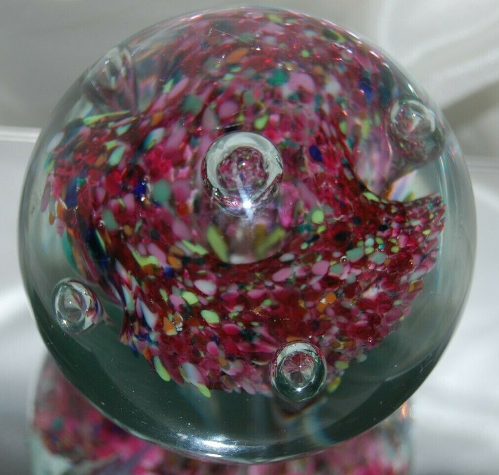 VTG HAND BLOWN PAPERWEIGHT TRUMPET FLOWER MULTICOLOR CONFETTI CONTROLLED BUBBLES