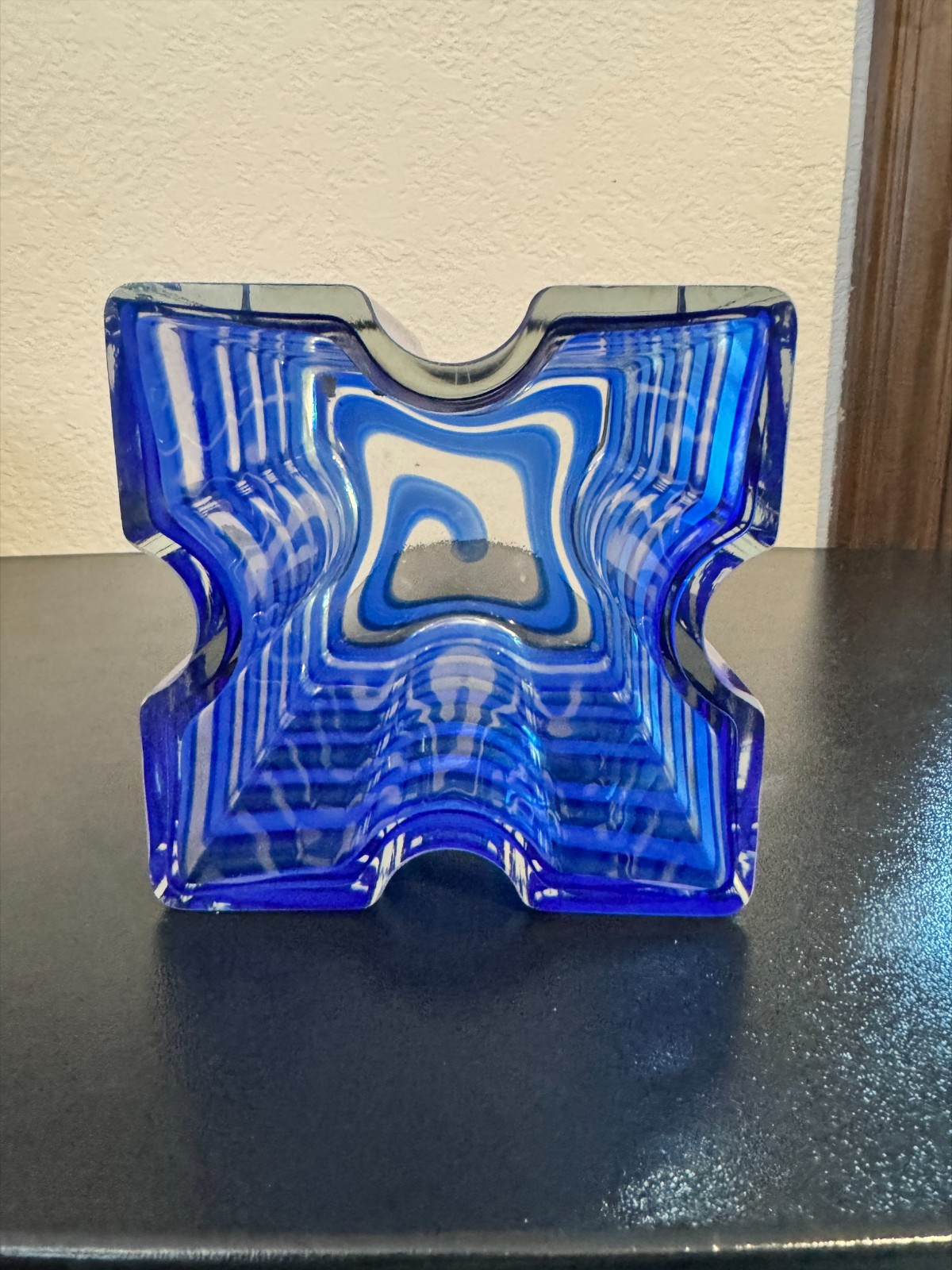 4.8lb Murano Style Cobalt Blue & Clear Art Glass Vase Thick Layered Modern Heavy