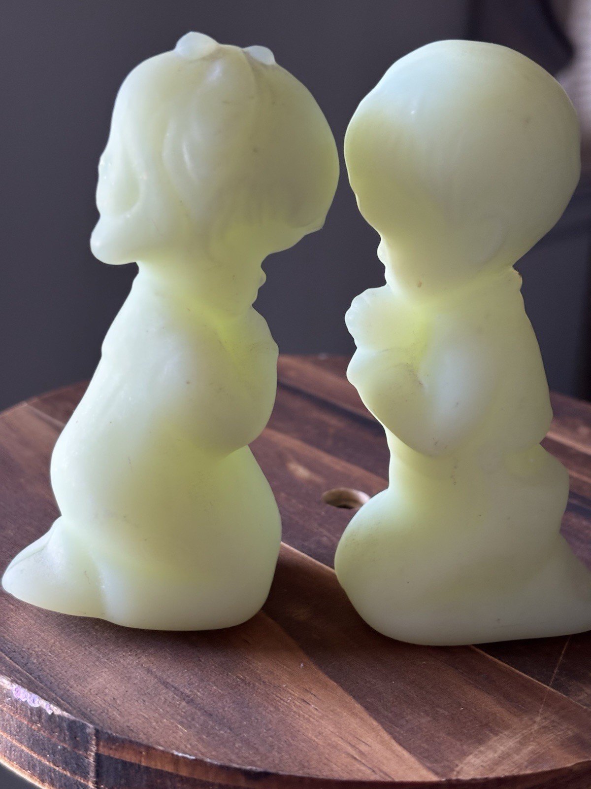 Fenton Boy And Girl Praying Satin Green Figurines