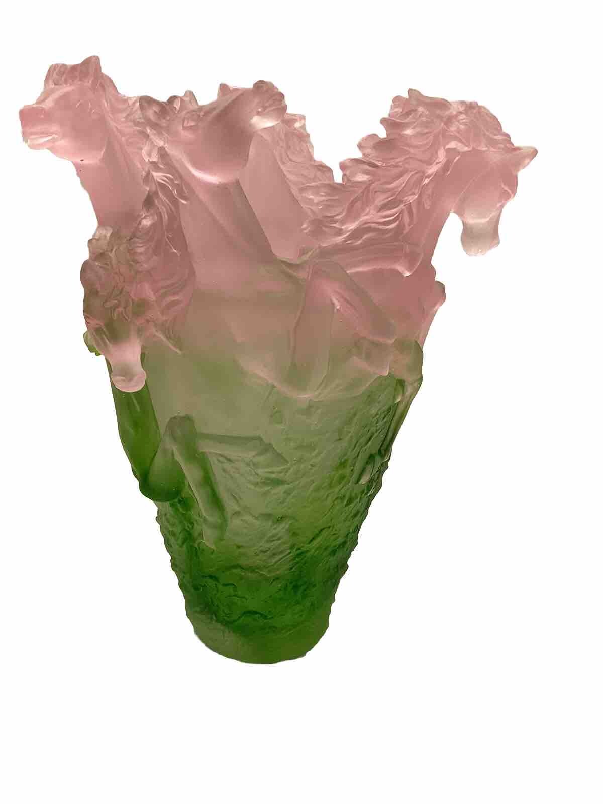 Xl Nancy Daum Style Pate De Verre Crystal Horse Vase Pink Green Ombere H10”