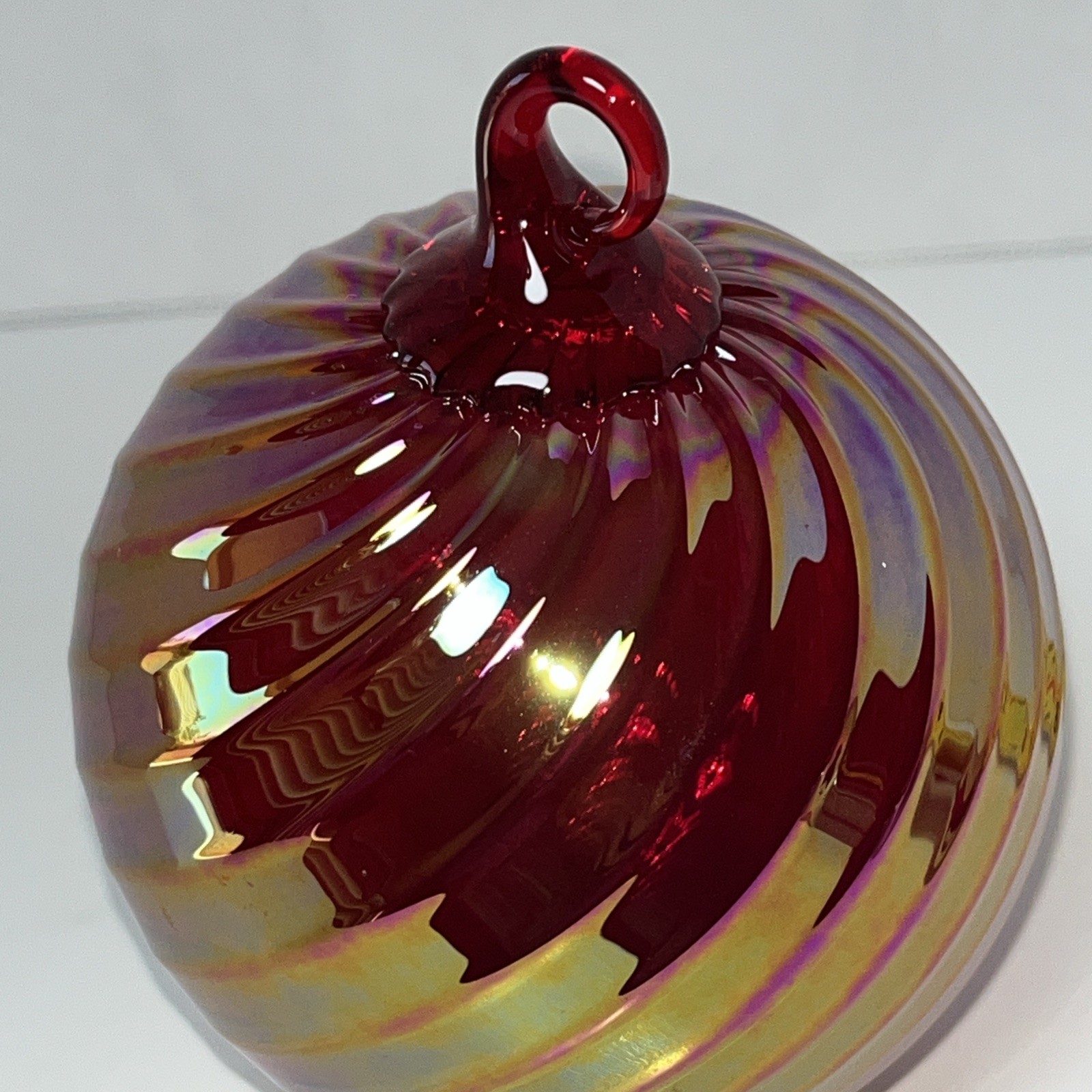 Hand Blown Art Glass Friendship Ball Ornament Iridescent 3.25×3.75”Gold Pink Orb