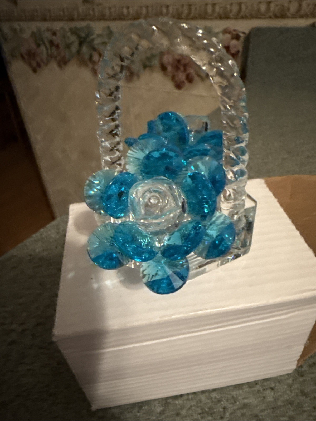 Two Floral Turquoise Roses In A Weaved Basket Handle Glass Figurine