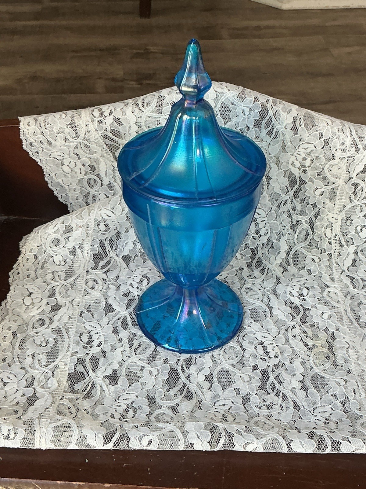 Vintage 1920s Fenton Northwood Celeste Blue Stretch Glass Covered Candy Jar Urn