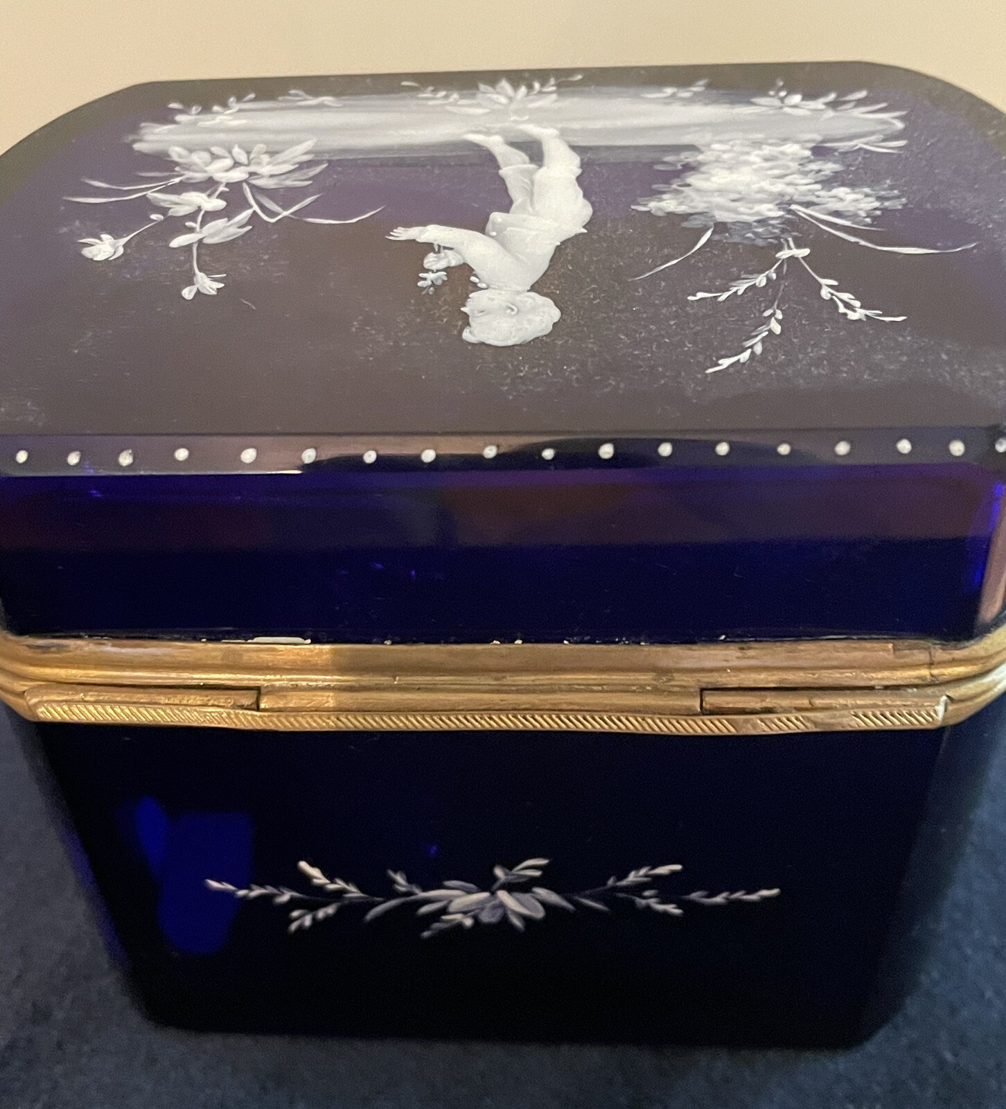 Antique Mary Gregory Cobalt Blue Casket Jewelry Box