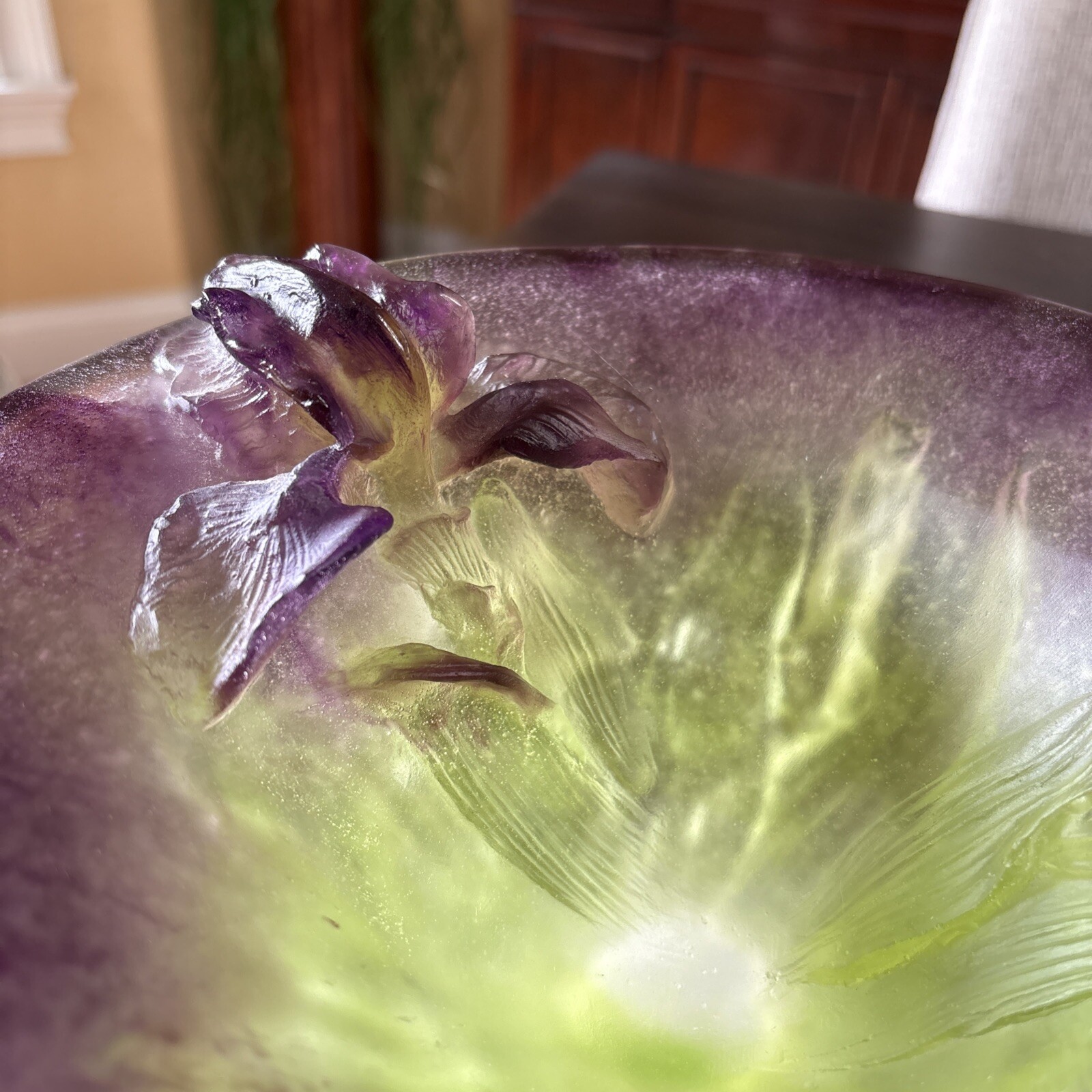 DAUM FRANCE PATE DE VERRE LARGE IRIS CETERPIECE BOWL SIGNED 8 3/4”-MINT