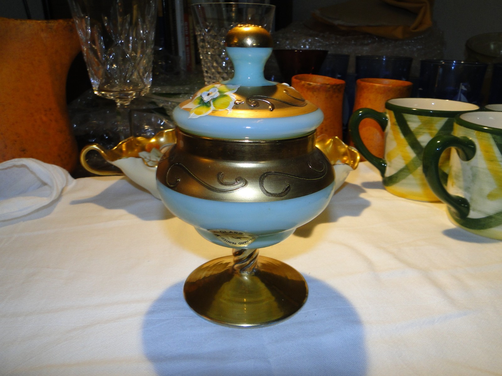 Murano Glass Small Covered Urn, Jadite, Mint Green, 6″ Tall, Hand Painted