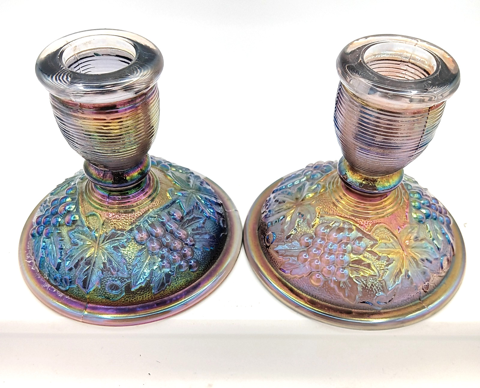 Vtg. Imperial Grape & Leaf Amethyst Carnival Glass Candle Holders 1951-1977