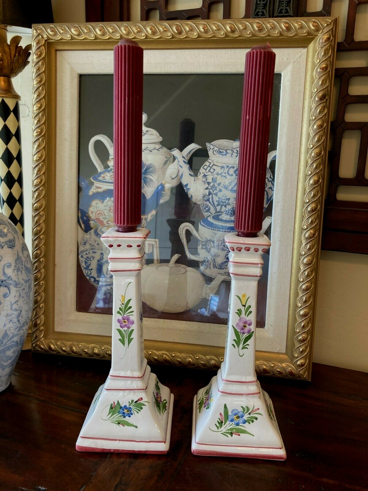 Pair Portugal Pottery Hand-Paint Floral Candle Stick Holders~9 3/4” Tall
