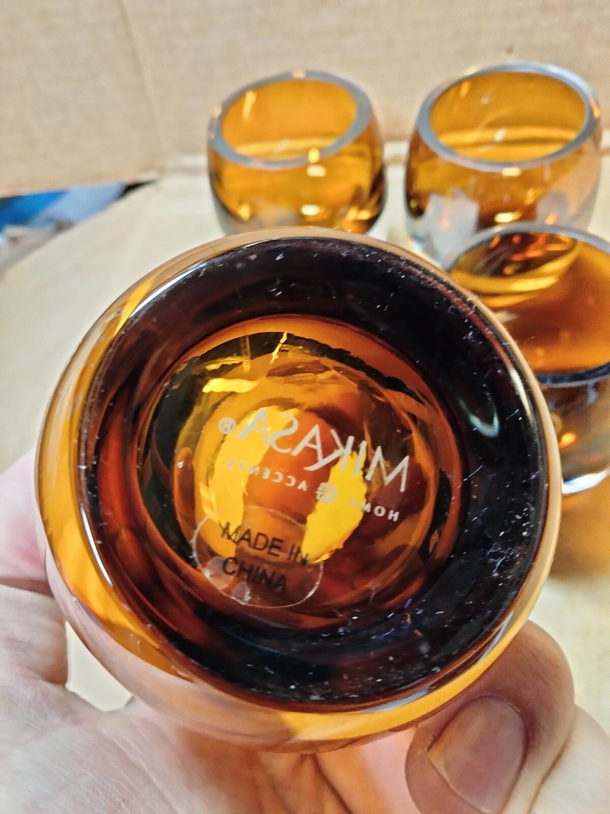 4 Mikasa Art Glass Amber Candle Votive Holder Mid Century Heavy Bottom 3″ Tall