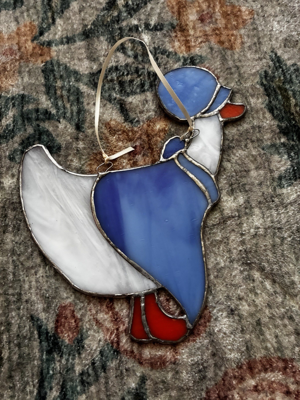 Goose With Blue Bonnet Stain Glass Window Sun Catcher Country Goose Geese