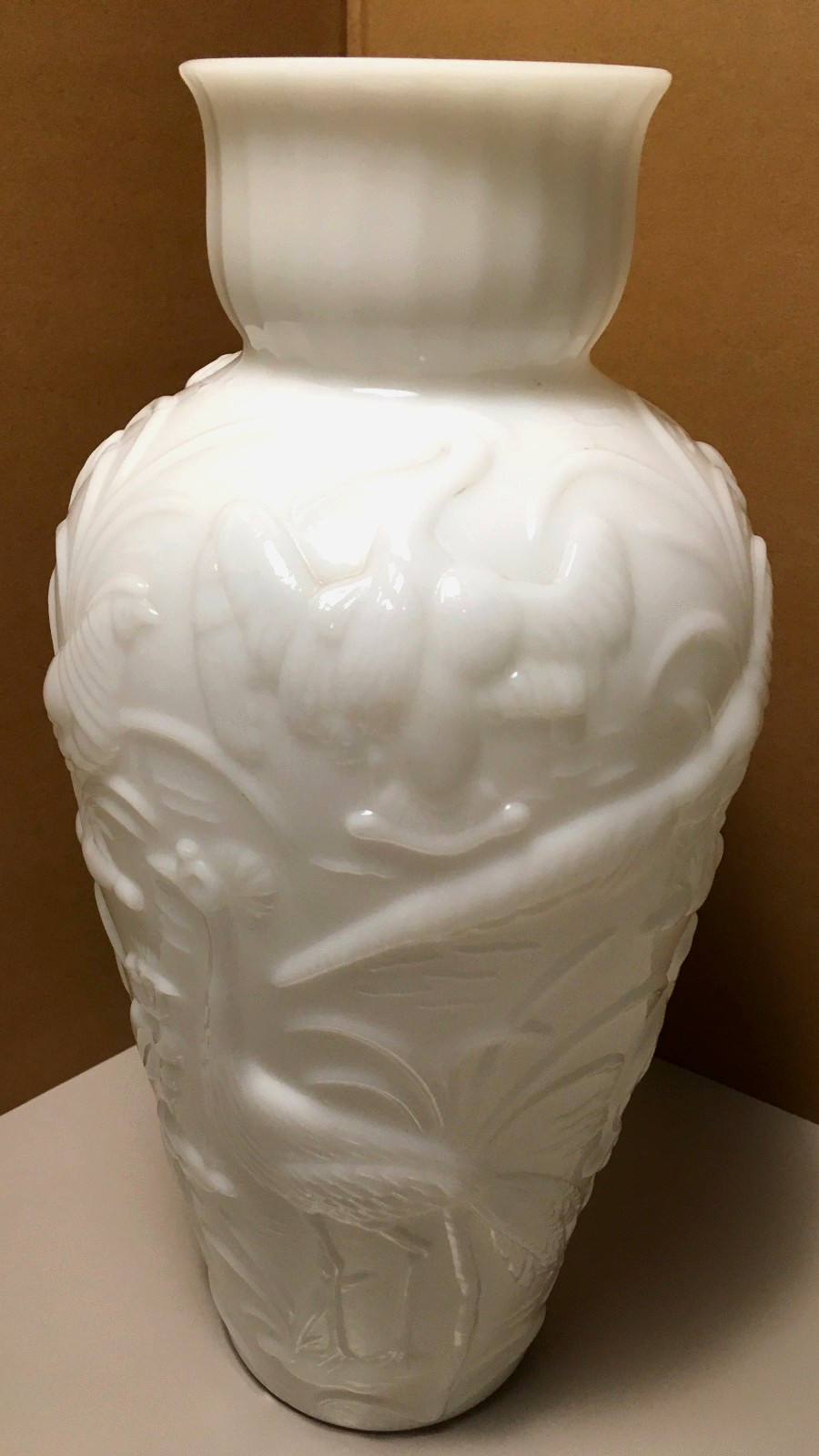 Gillinder puffy milk glass vase 15-1/2 inches peacock heron quail birds