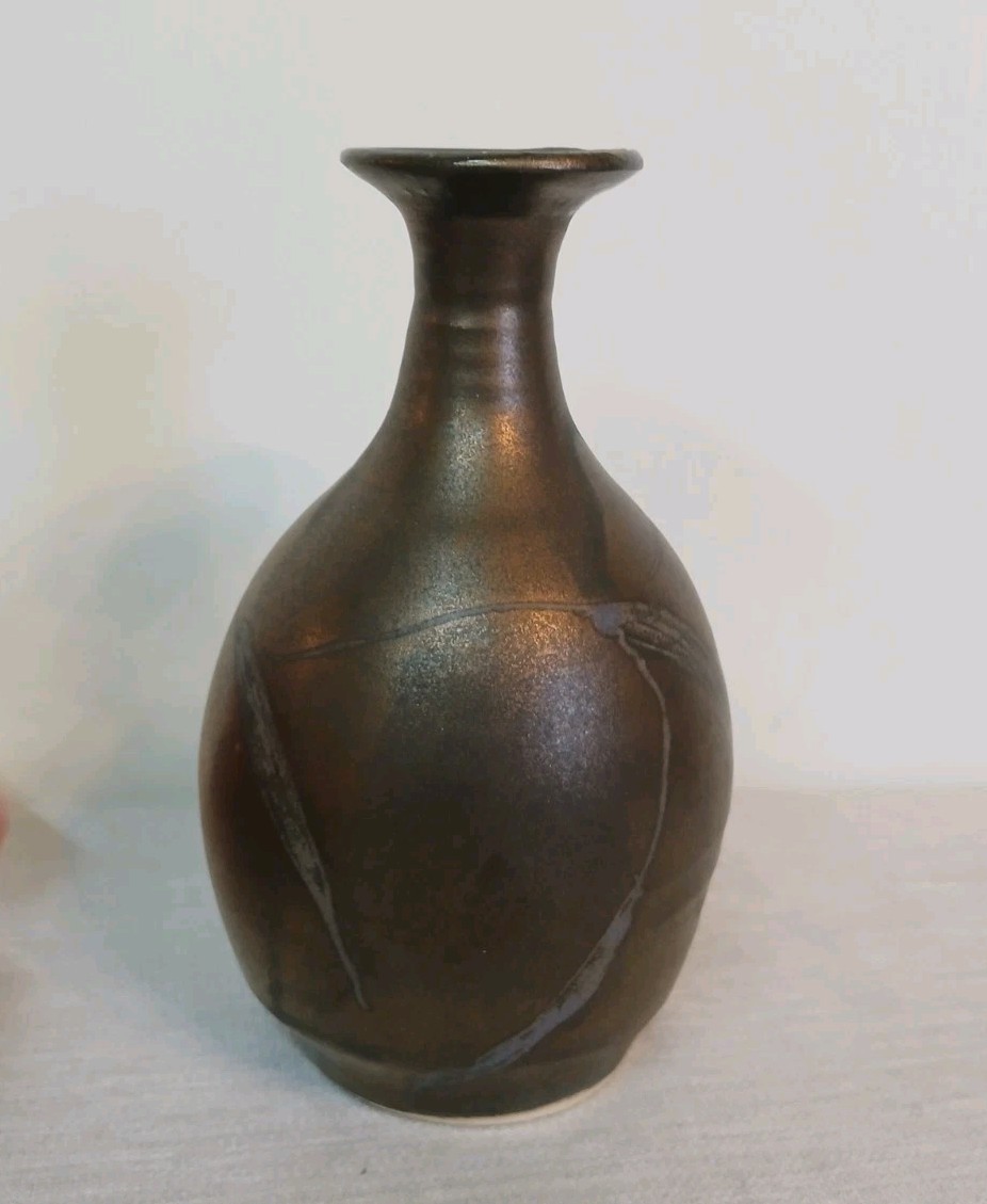 Vintage Signed Studio Pottery Bud Vase Sake Dark Metallic Glaze Hand Thrown