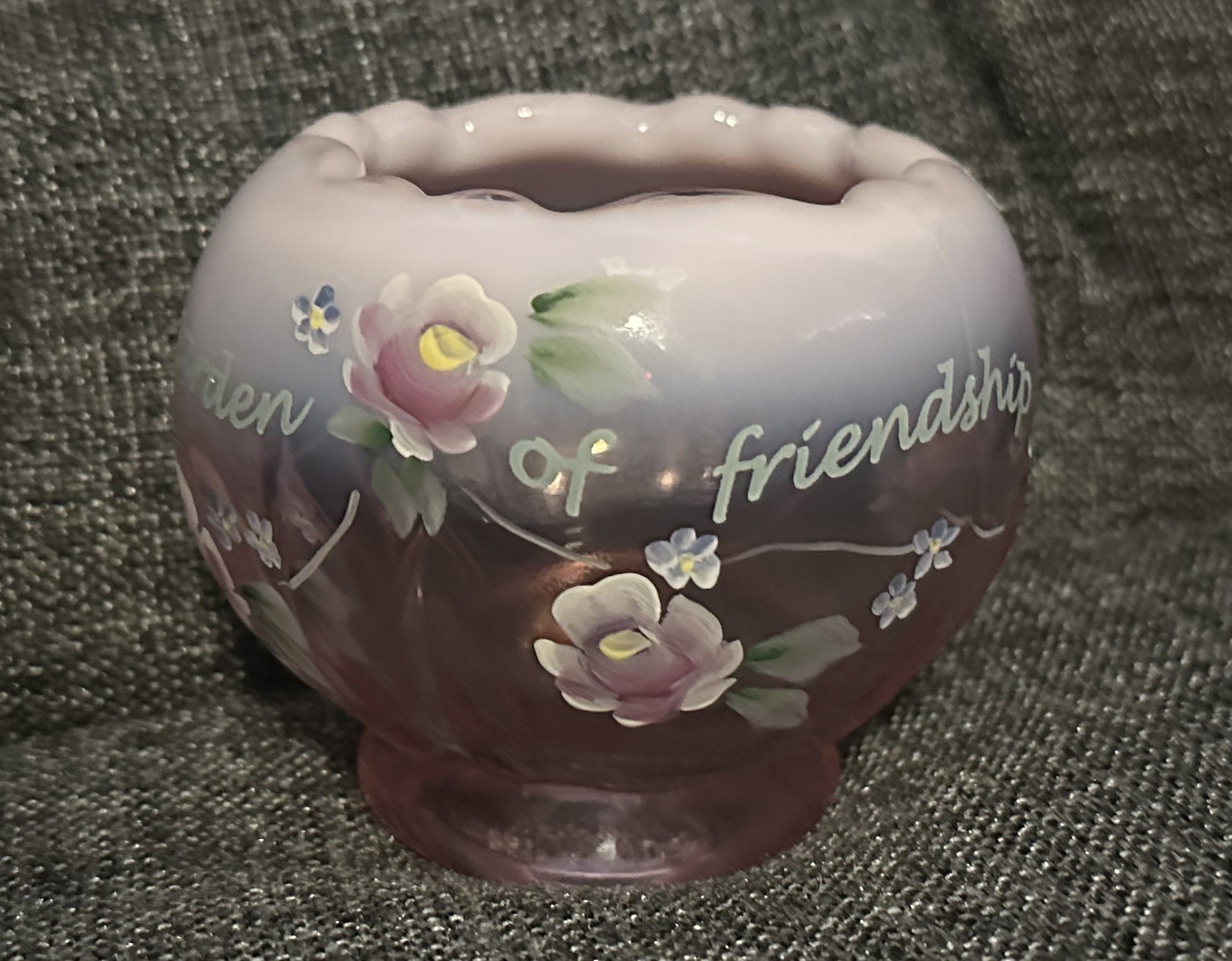 FENTON PINK OPALESCENT GLASS PAINTED ROSE BOWL “IN THE GARDEN OF FRIENDSHIP”