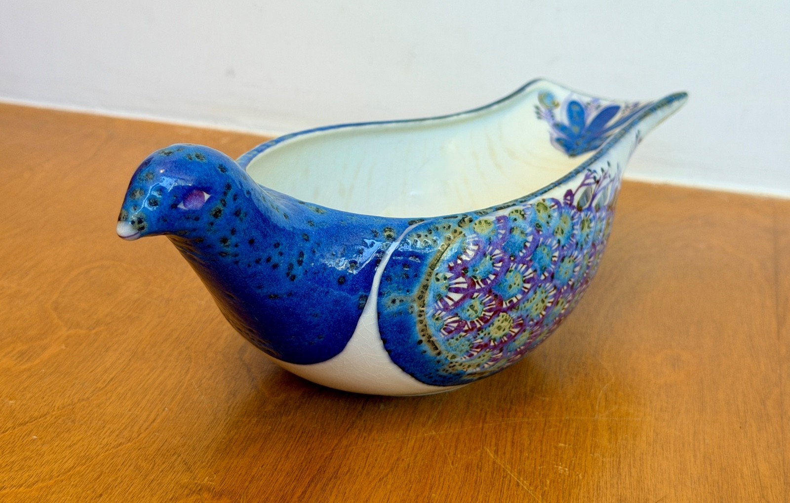 Royal Copenhagen Denmark Danish Art Pottery Bird Peacock Sculpture Bowl Vtg Mcm