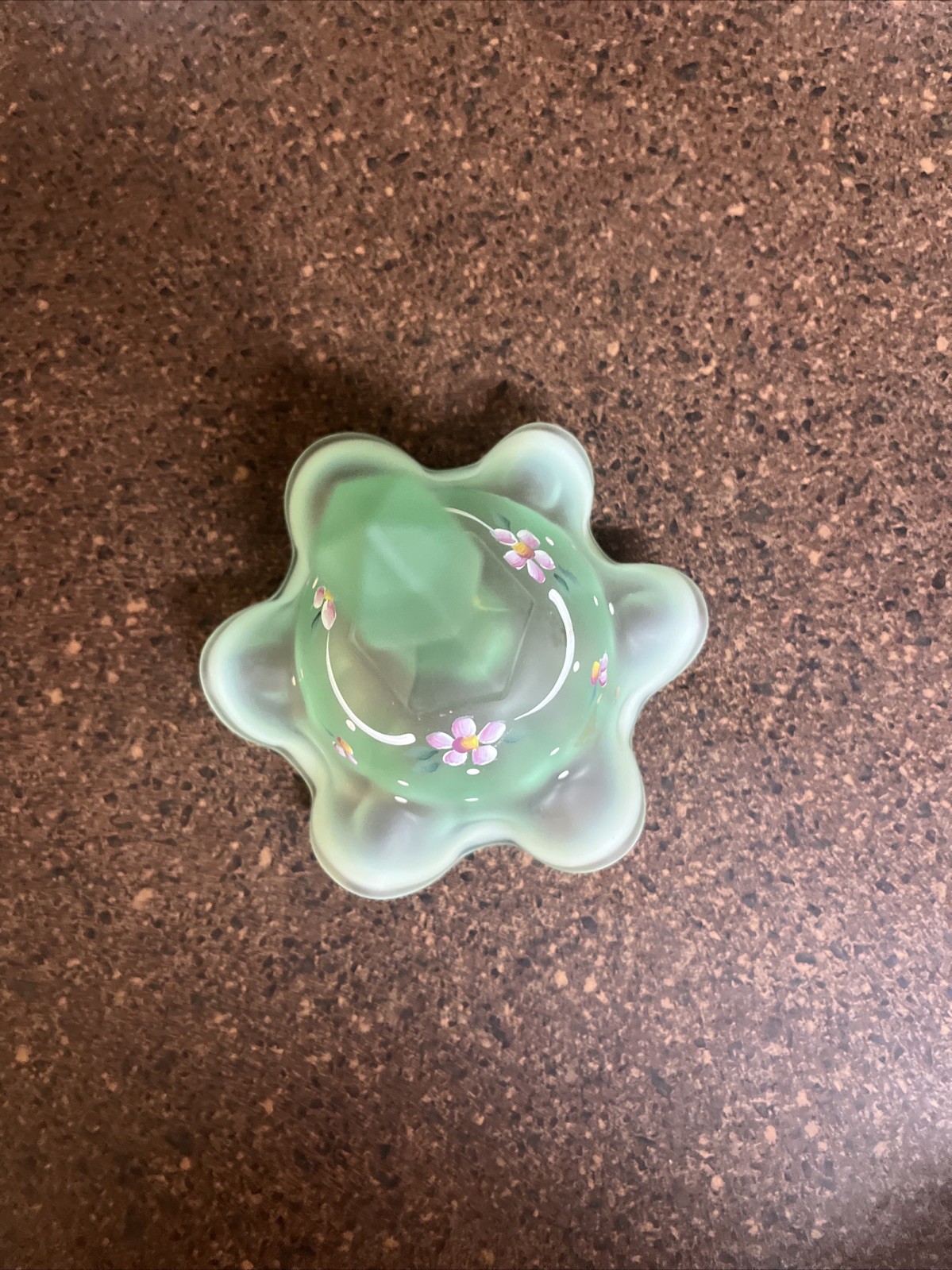 Fenton Dotted Swiss Willow Green Opalescent Satin Bell Signed 6”