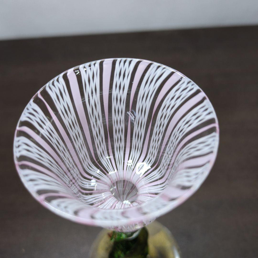Murano Art Glass Pink Latticino Goblet Gold Gilt Floral Stem 13 cm Italy