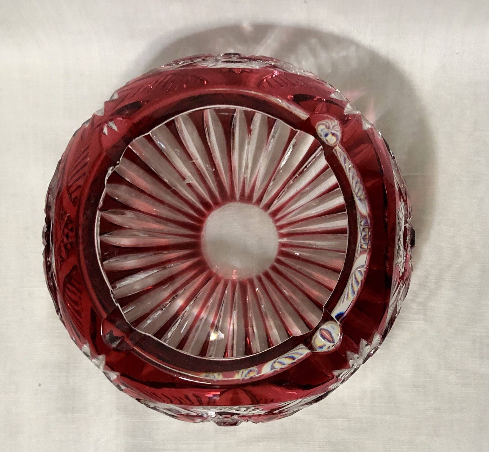 Bohemian Ruby Red Cranberry Crystal Cut Glass Ashtray Bowl