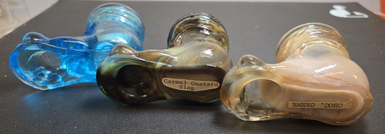 Set Of 3 Vintage Degenhart Glass Boots Carmel Custard, Choc. Creme, Blue?
