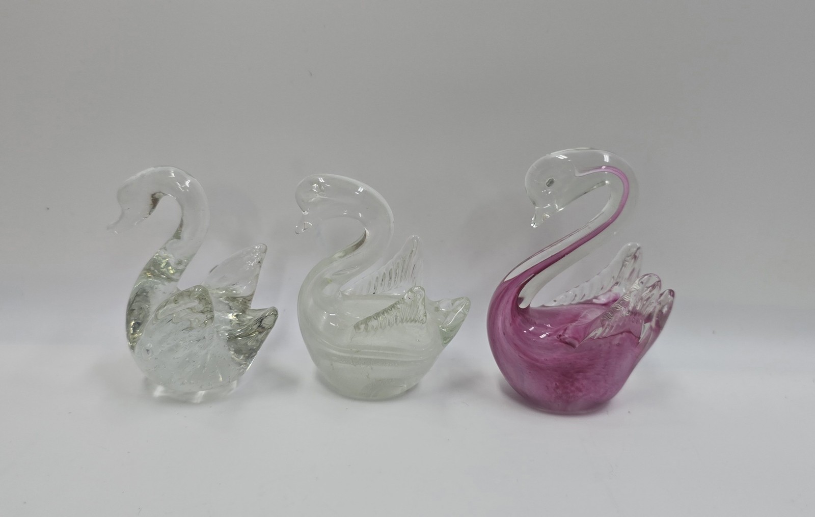 Set of 3 Hand Blown Glass Swan Figurines Clear White Pink Decorative Art Glass