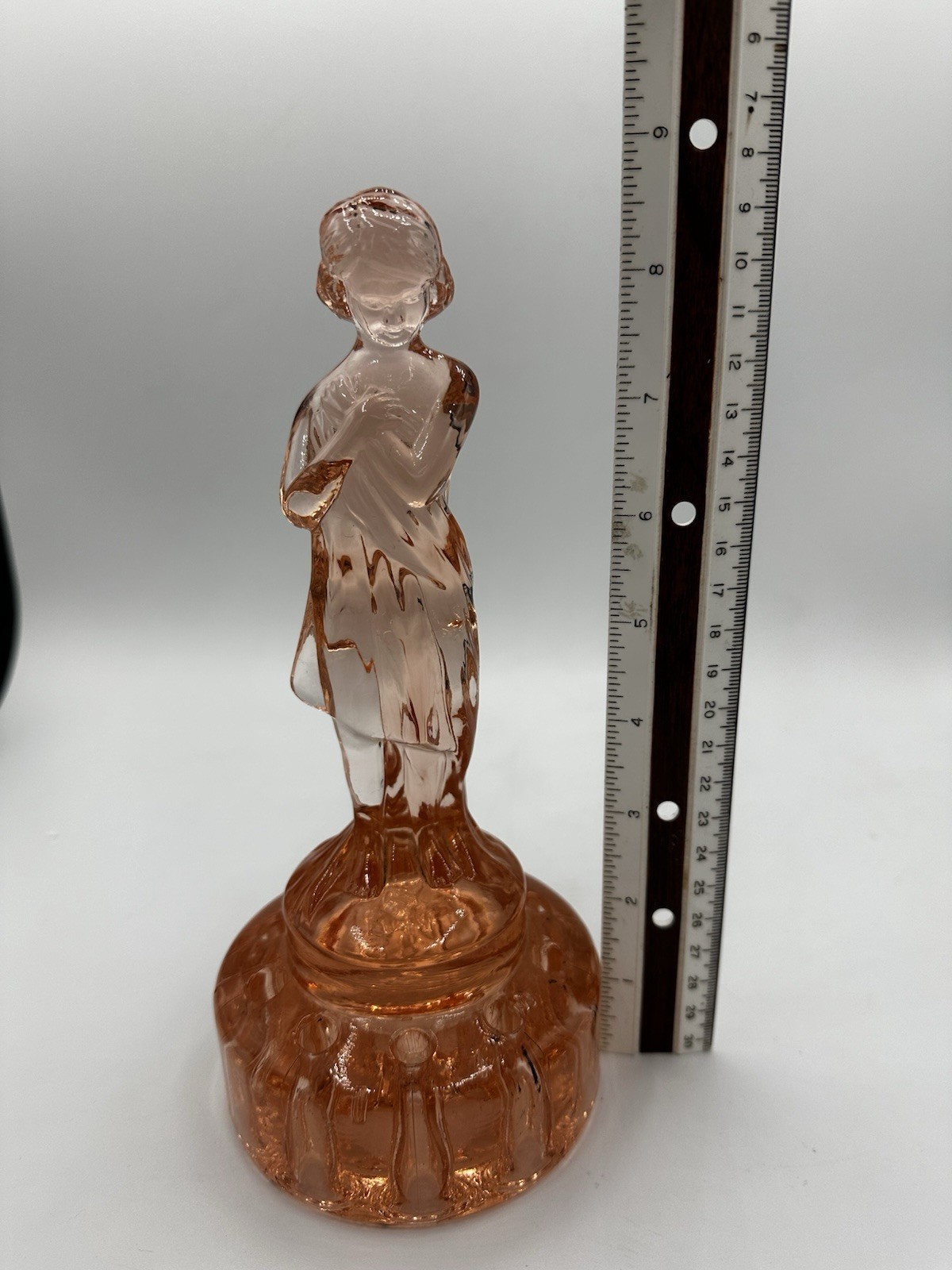 CAMBRIDGE MIRROR IMAGES ART DECO DRAPED LADY FLOWER FROG / PEACH CARNIVAL GLASS