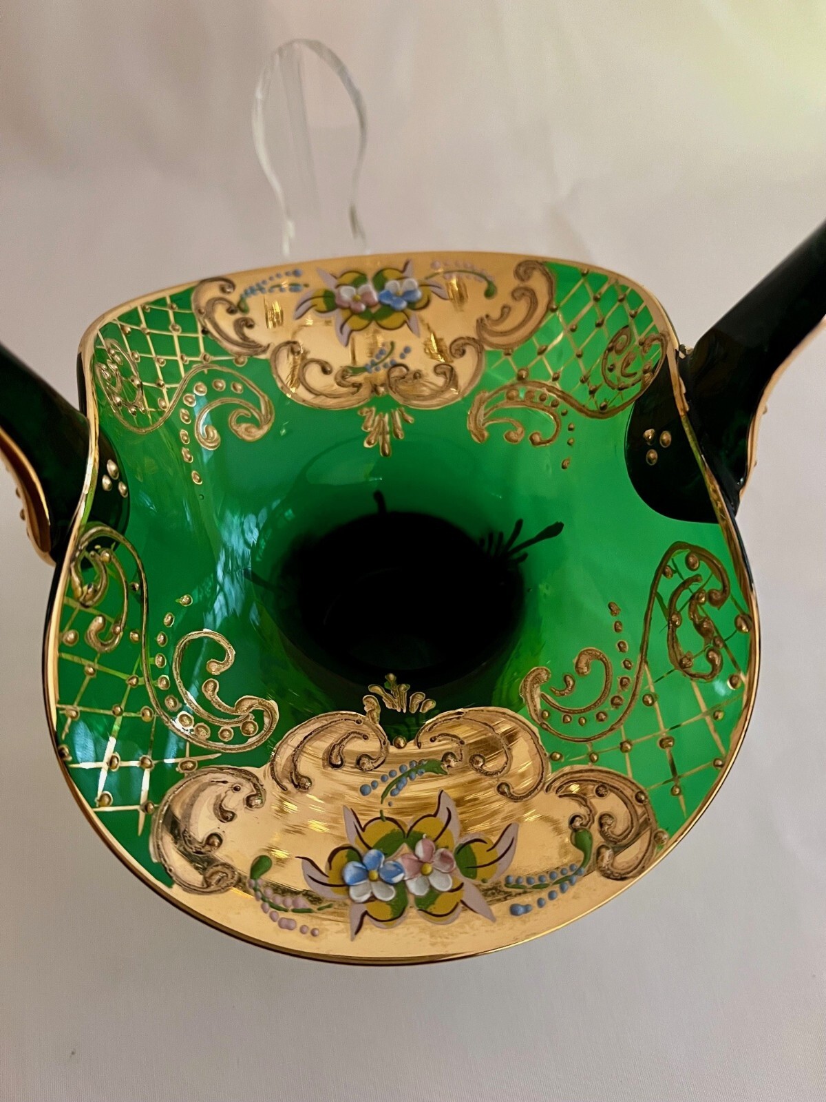 Vintage Murano “Trefouchi” Handblown Green Glass Basket /Gold Gilding /Enamel