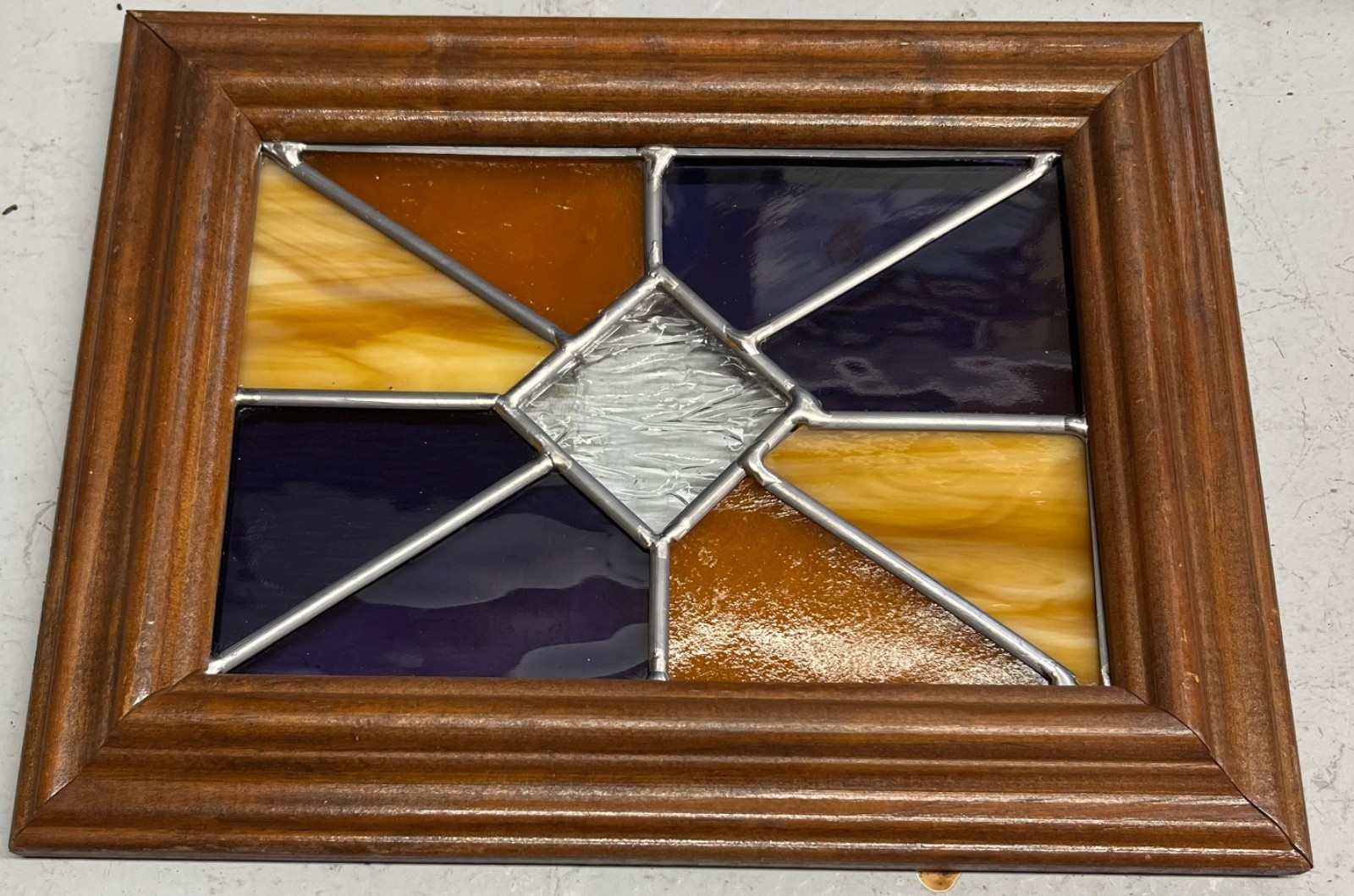 Geometric Stained Glass Panel w/Wooden Frame-Purple & Gold-Handmade-5x7glass-