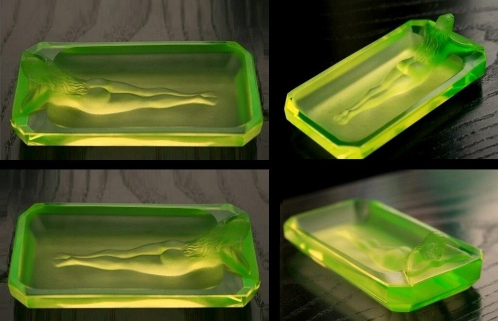 Art Deco Sculpture Vaseline Uranium Glass Bowl 1930′ H.Hoffmann