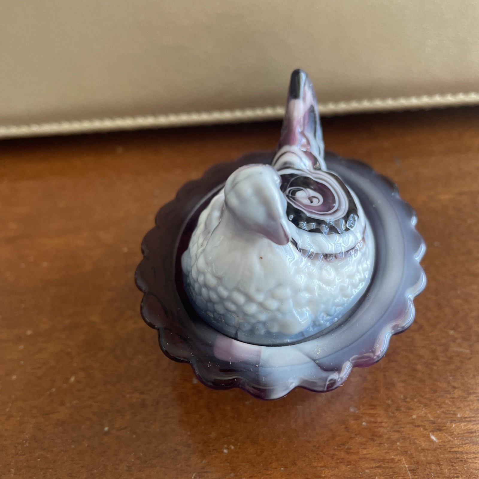 Mosser Amethyst Hen on Nest Mini Purple & White Blue Slag Glass Salt Cellar 2.5″