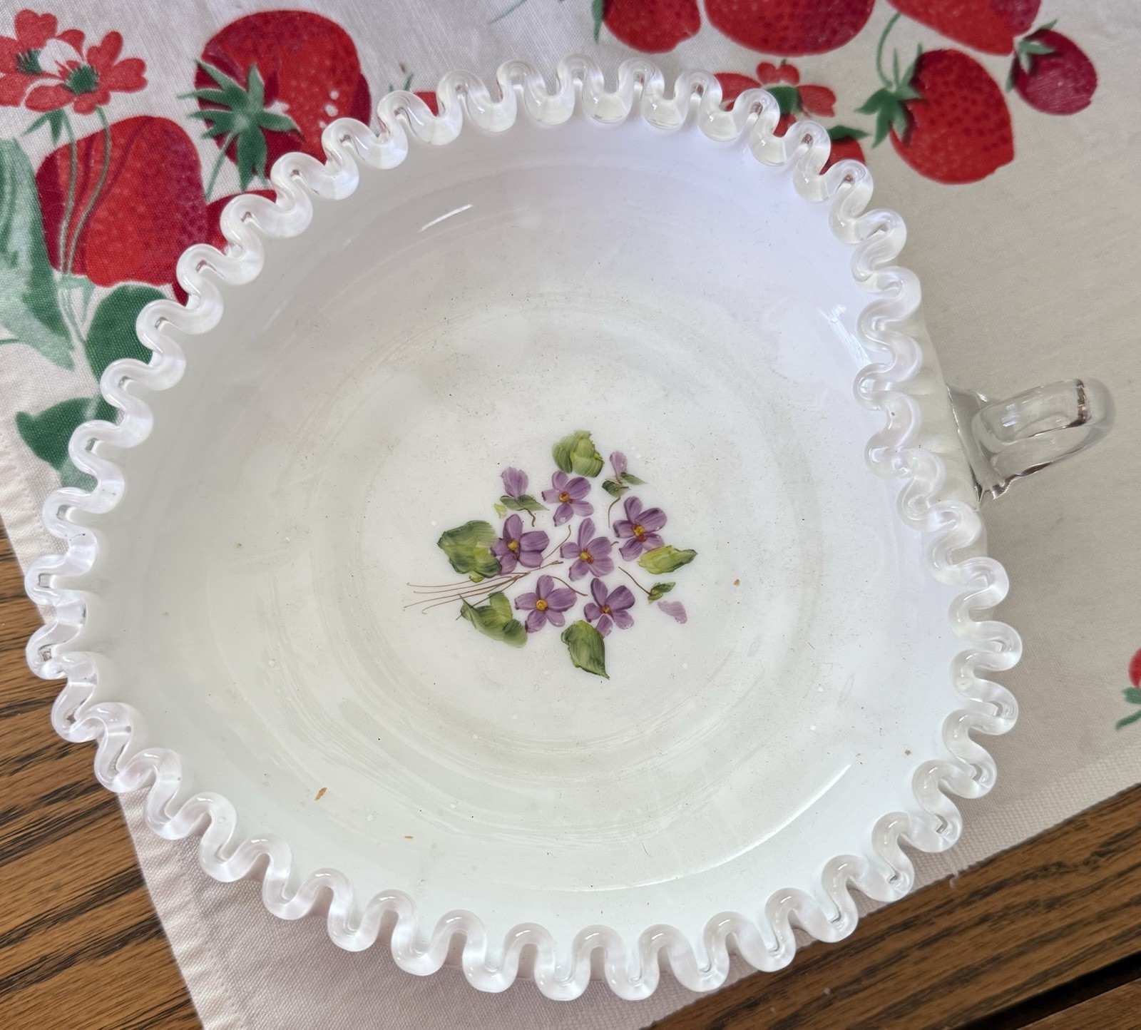 FENTON Vintage Violets In The Snow Heart Shaped Dish Bowl