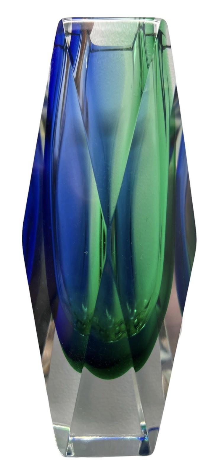 VTG MCM Murano Mandruzzato Sommerso Art Glass 6.5” Geometric Edges Blue & Green