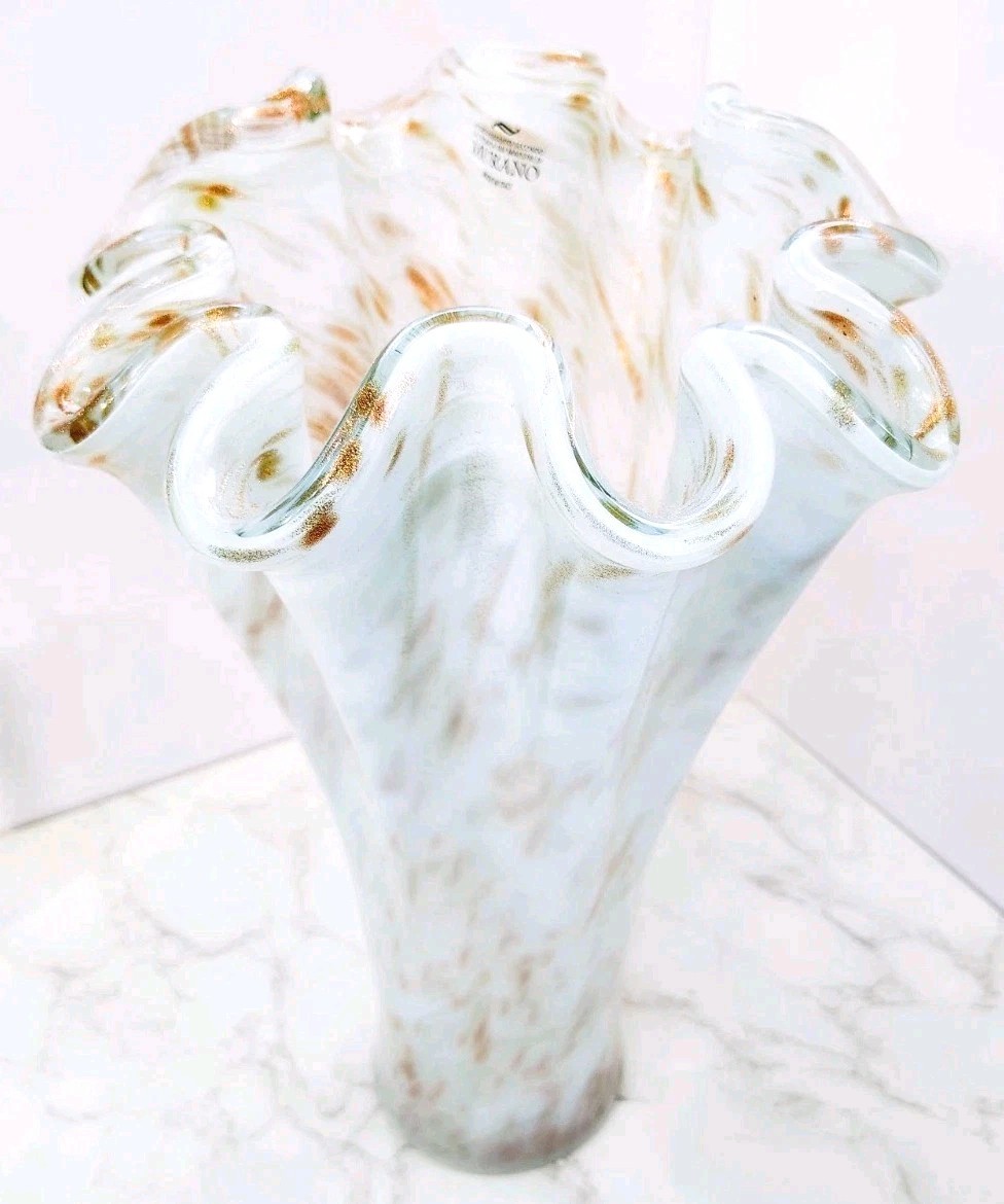 Murano Style Hand Blown Art Glass Vase White Gold Swirl Fluted Rim Italy 16.25”