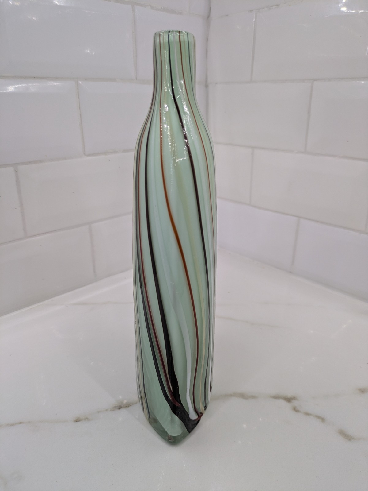 Green Cased Blown Art Glass Bottle Flat Vase Red White Black Applied Stripes 10″
