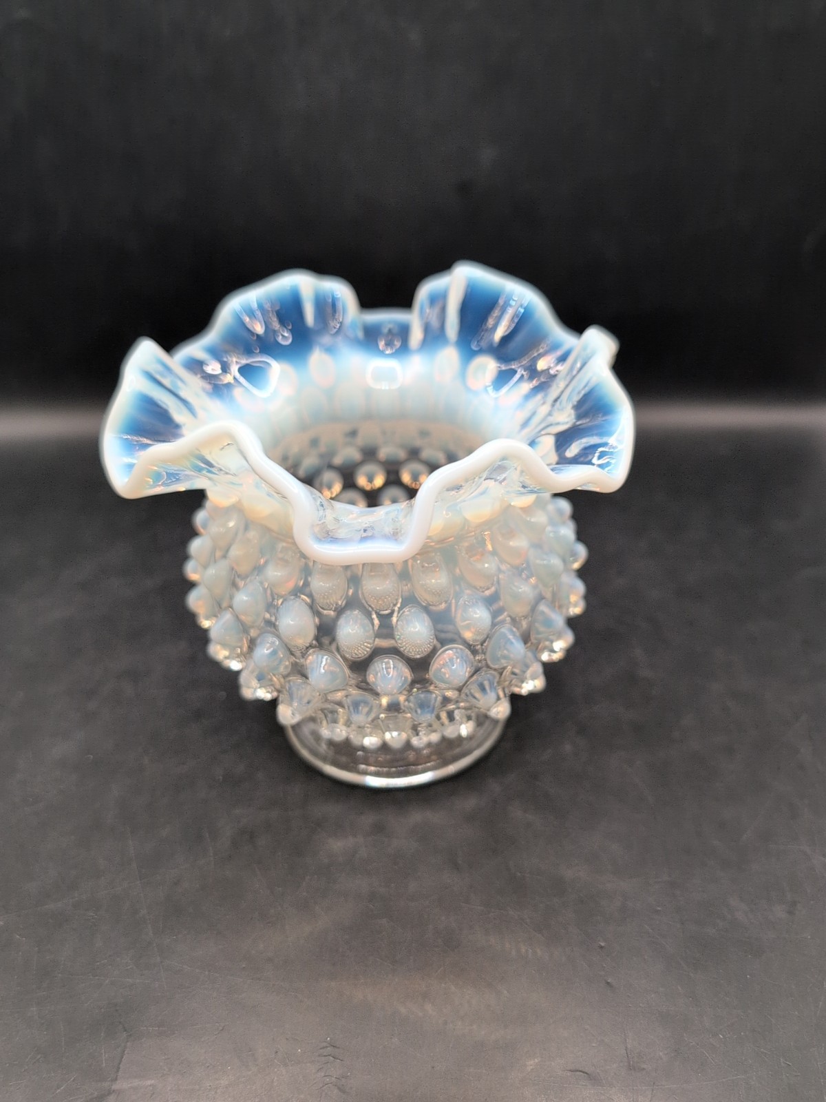 VTG Fenton Ruffled Edge Opalescent Hobnail Clear White/Blue Small Vase