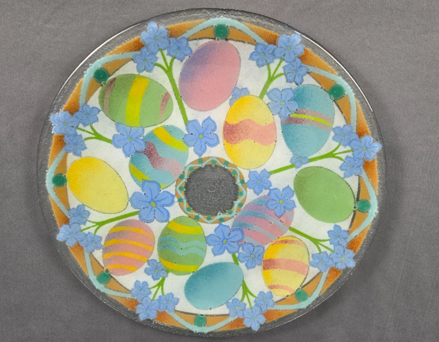 13.5″ Peggy Karr Easter Egg Spring flower fused art glass plate platter charger