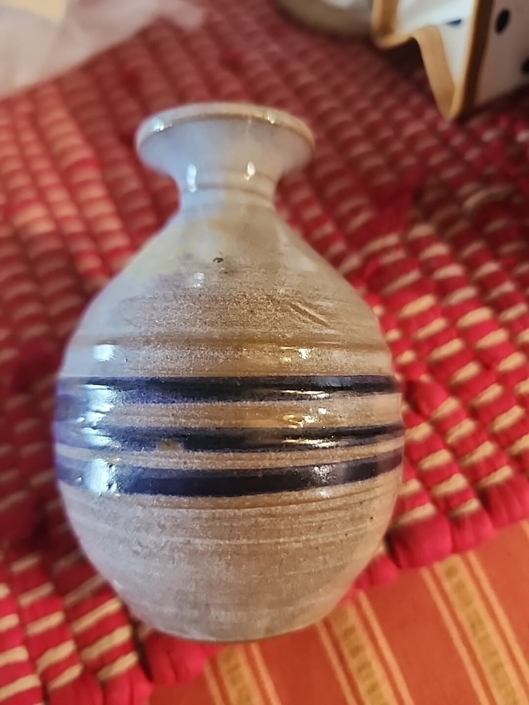 Culbreth Pottery Vase Glazed Blue Stripe 4″ Mini Signed Decorative Collectible