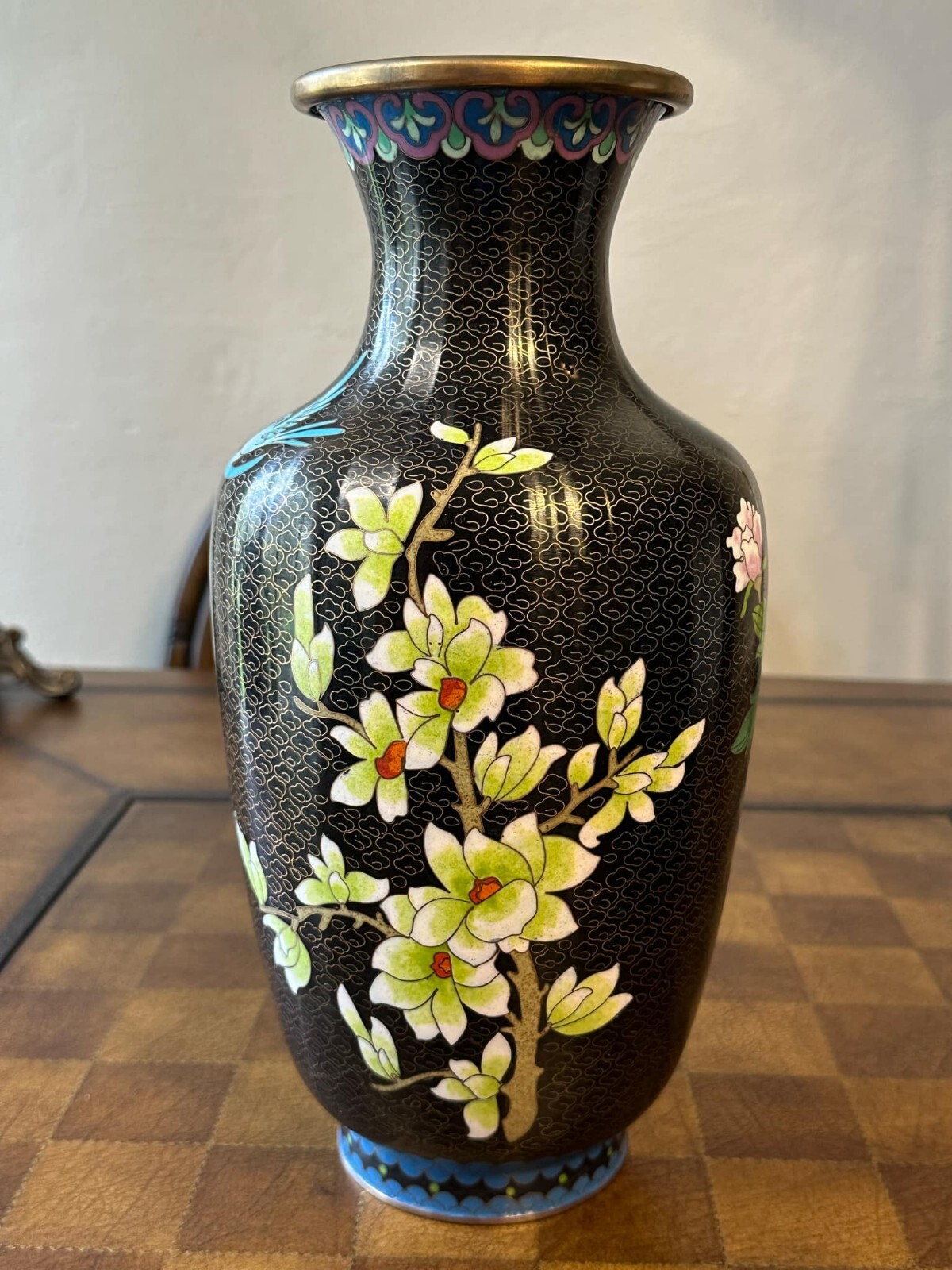 Vintage Chinese Cloisonné Style Vase Black Enamel Peony Birds Floral 12”