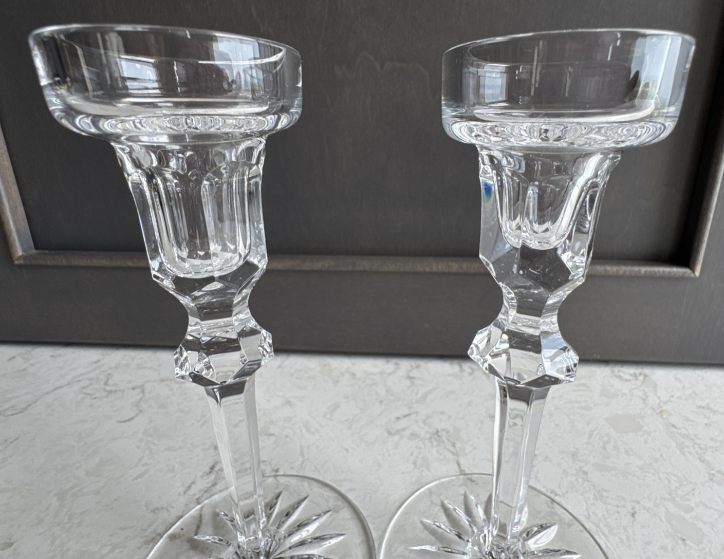 ROGASKA Richmond Crystal Candlesticks-6 inch PAIR-Notched Multisided stem-Signed