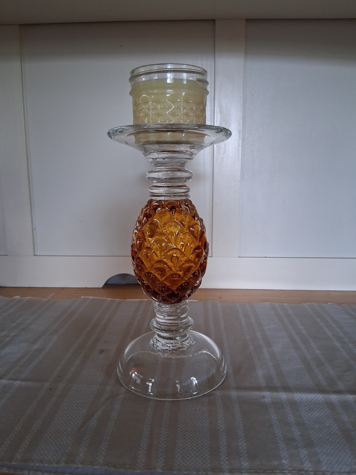 Vintage Art Glass Pillar Candle Holder w/Candle-Pineapple-Amber-READ DESCRIPTION