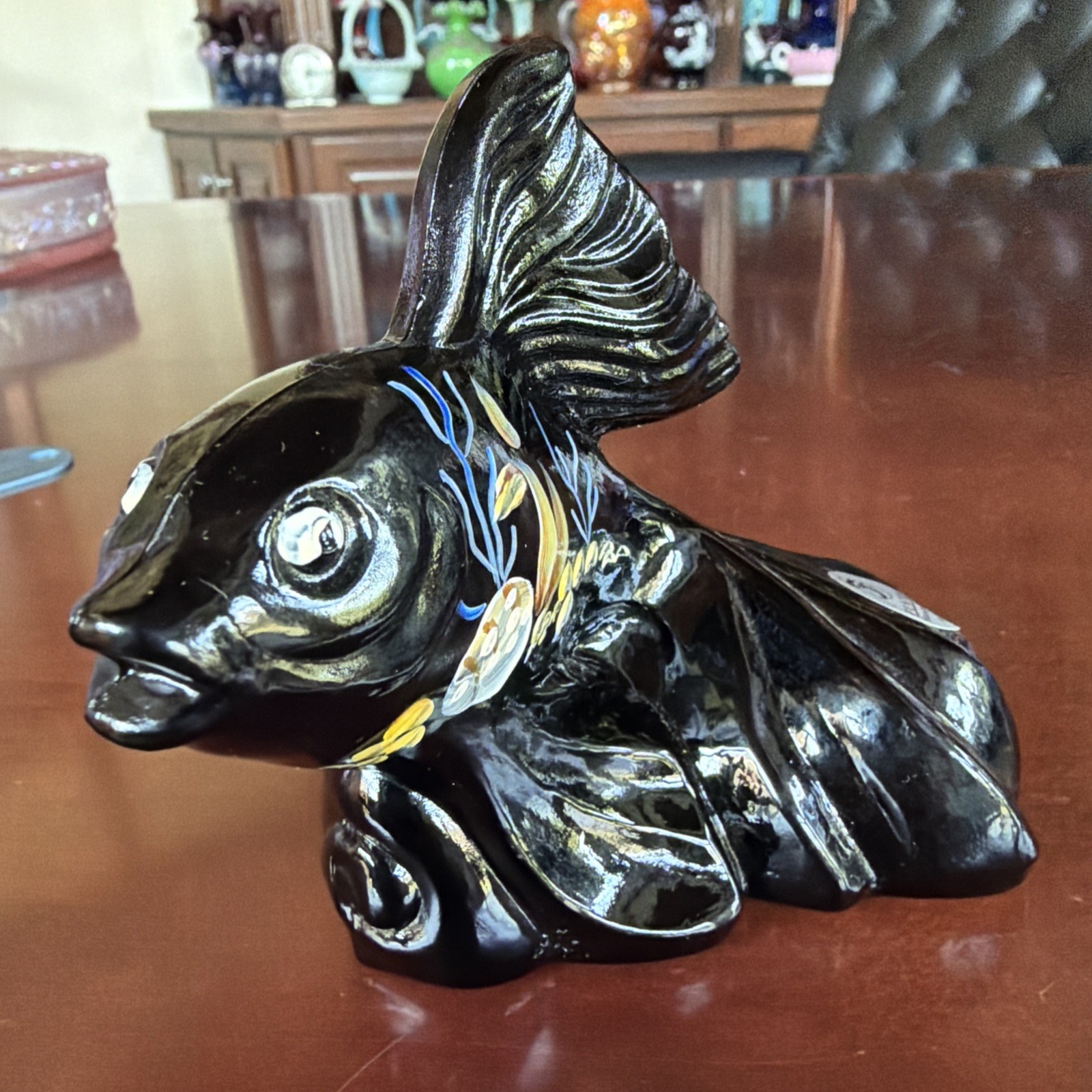 Fantastic Fenton Glass Black Ebony Koi Fish/Asian Goldfish Hand Painted Signed
