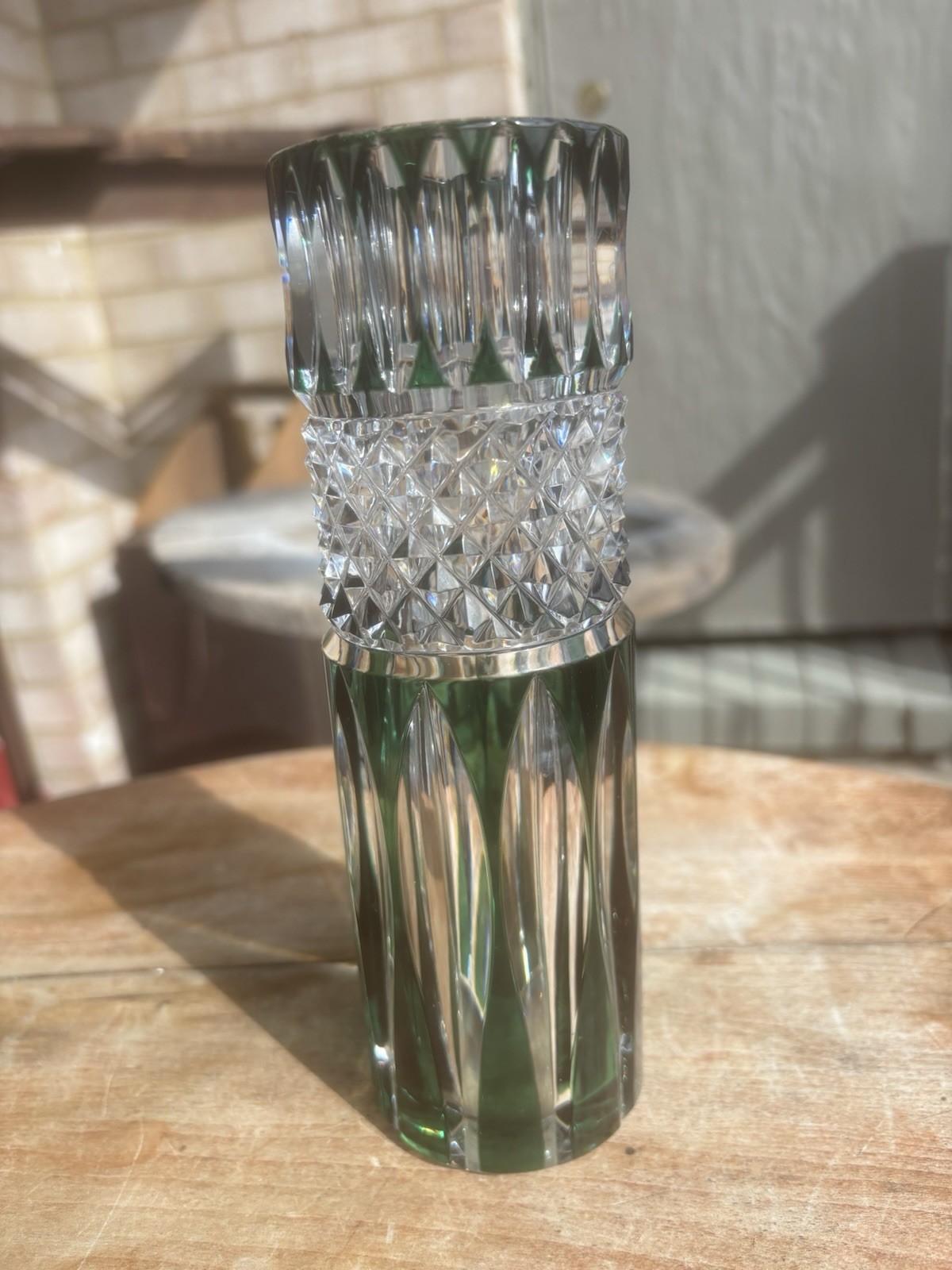 Antique Val St Lambert, Val Saint Lambert Green Cut To Clear Vase, Signed