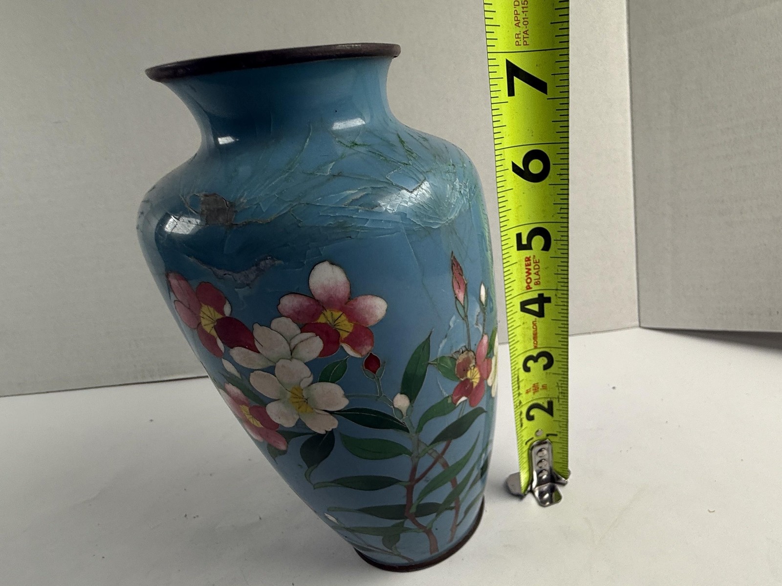 Vintage Chinese Cloisonne Blue Flower Vase Asian Floral Cloisonne 7in Damaged