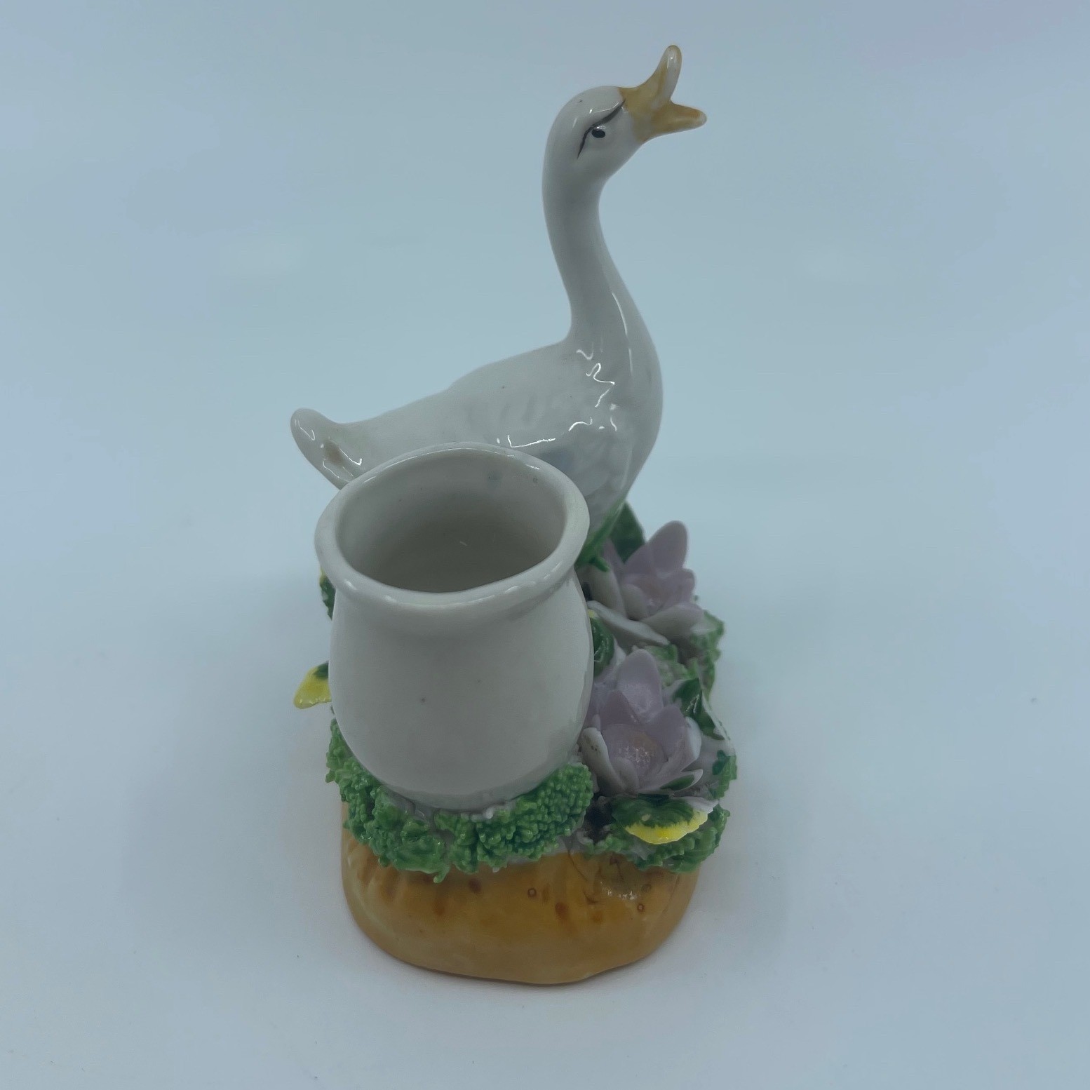 Vtg Ceramic Goose Planter Pot Holder With Purple Lily Flowers 4″